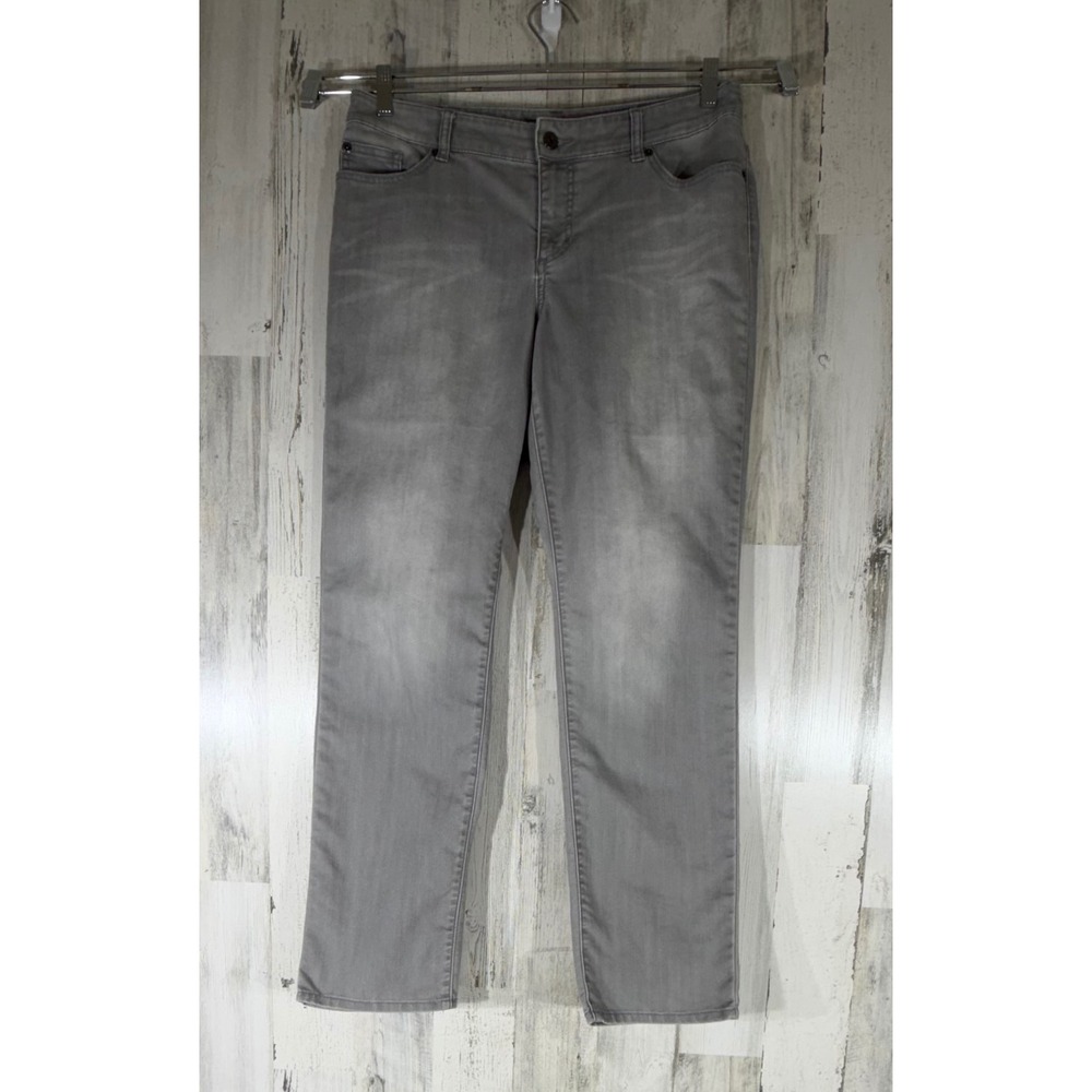 Chicos Platinum Denim Jeans Size 2 (33x31) Gray‎ Straight Leg Faded Whiskering